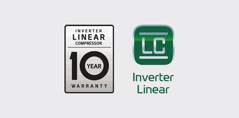 La garantie de 10 ans pour le logo du compresseur linéaire à onduleur se trouve à côté du logo Inverter Linear.